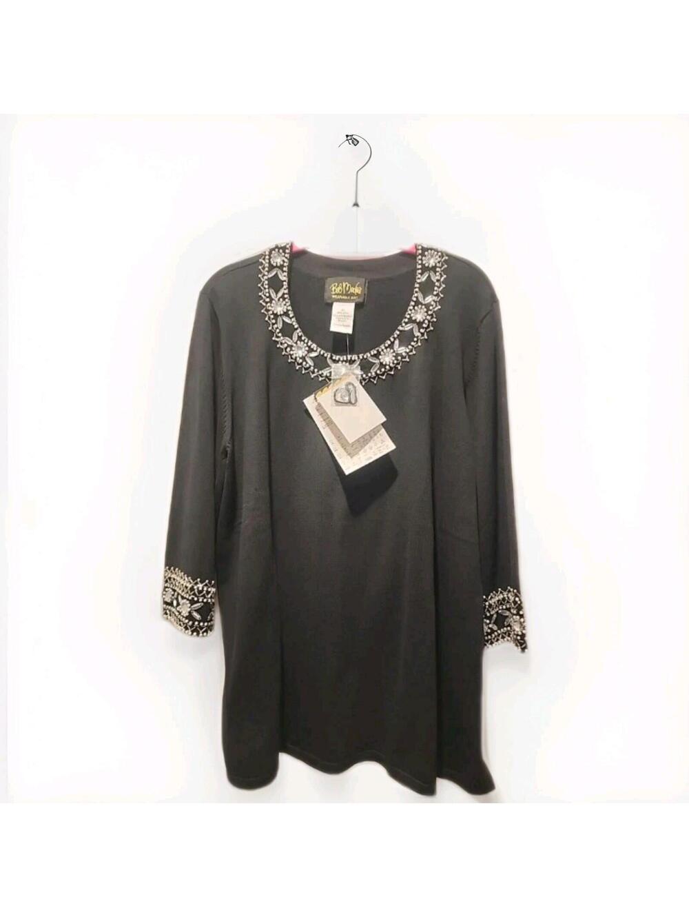 Bob Mackie Black Beaded Pearl Rhinestone Embellished Sweater 3/4 Sleeve XL NWT